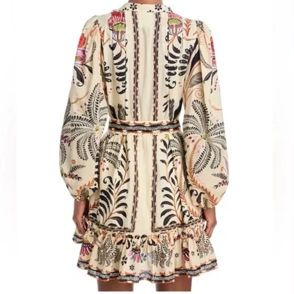 FARM RIO Nature Mini Dress Romantic Bead Belt Maximalist Puff Beige Size Medium - Picture 7 of 16